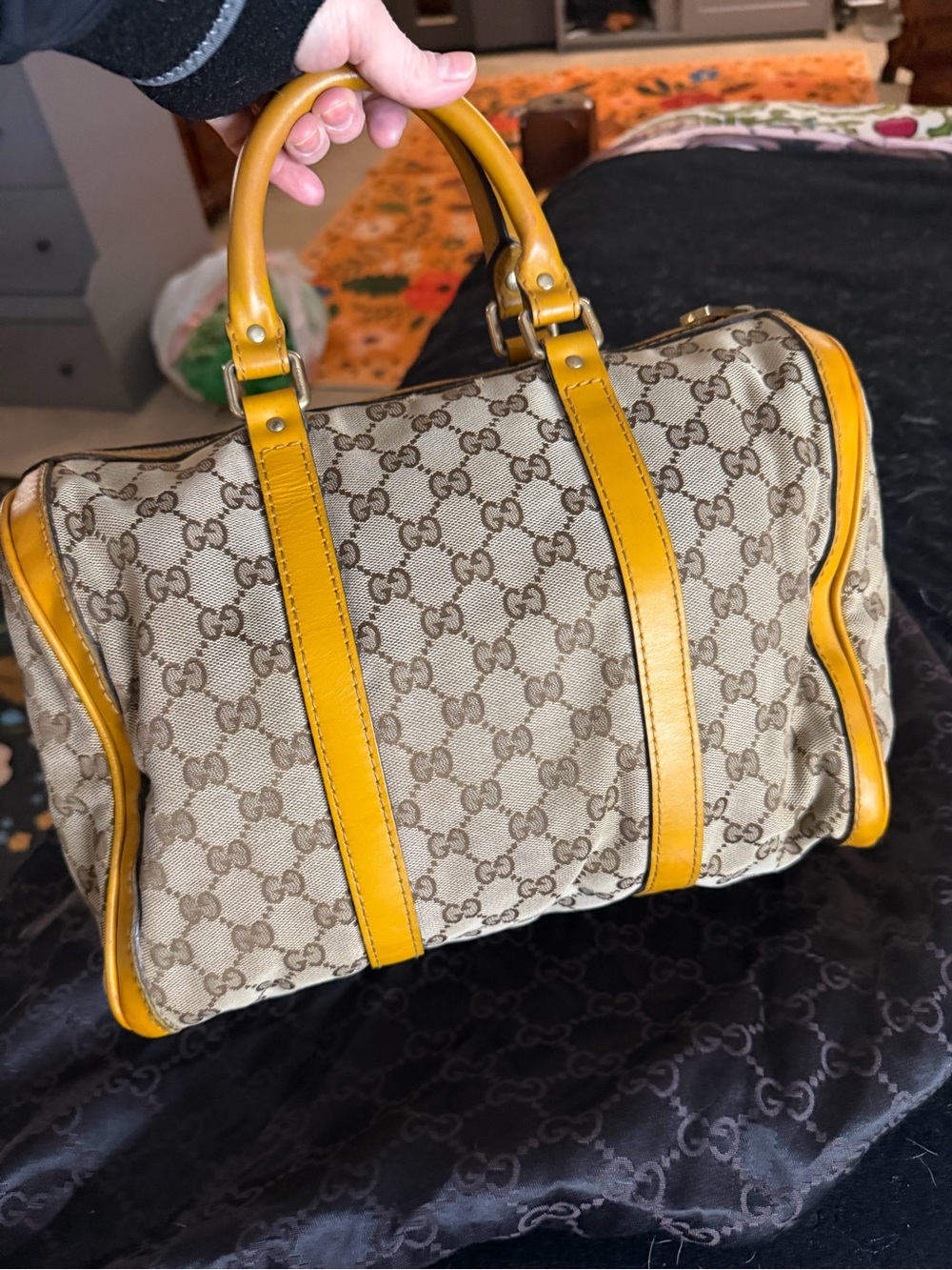 Authentic Gucci Beige GG Canvas Satchel with Yellow Trim and Handles